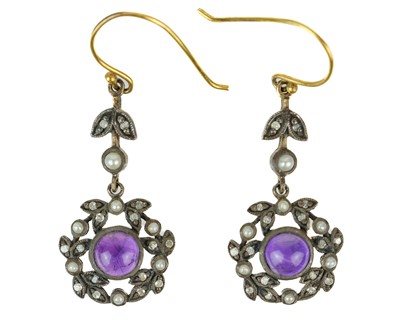 Lot 187 - A pair of gold and silver cabochon amethyst, diamond and seed pearl set drop earrings.