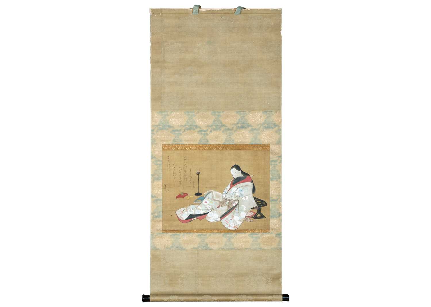 Lot 317 - A Japanese painted scroll depicting a geisha reading, 19th century.