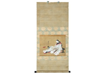 Lot 317 - A Japanese painted scroll depicting a geisha reading, 19th century.