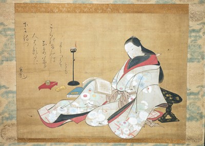 Lot 317 - A Japanese painted scroll depicting a geisha reading, 19th century.