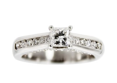 Lot 216 - A good contemporary 14ct white gold certified 0.58ct certified diamond princess-cut solitaire ring.