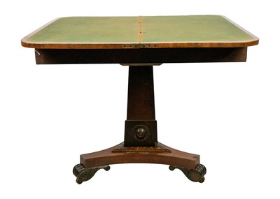 Lot 578 - A William IV figured mahogany fold top card table.