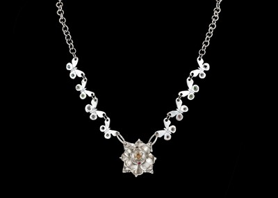 Lot 349 - A .999 silver and gem "butterfly and chrysanthemum" necklace by James Suddaby.