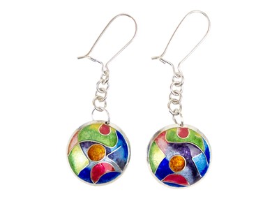 Lot 320 - A .999 silver, cloisonne and enamel "Newlyn Festival" earrings by Samantha Suddaby.