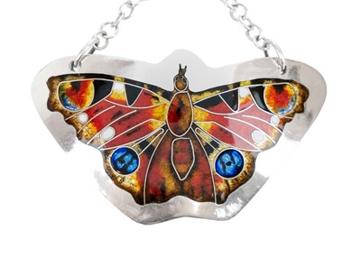 Lot 369 - A .999 silver, cloisonne and enamel "Peacock Butterfly" necklace by Samantha Suddaby