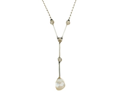 Lot 235 - An attractive Art Deco, 18ct white gold (tested) diamond and pearl set pendant necklace.