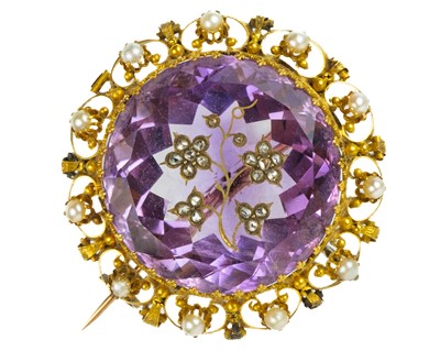 Lot 242 - An unusual late 19th century French, large amethyst, diamond and pearl set gold mounted brooch.