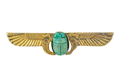 Lot 248 - A 20th century Egyptian Revival silver gilt mounted faience scarab brooch.