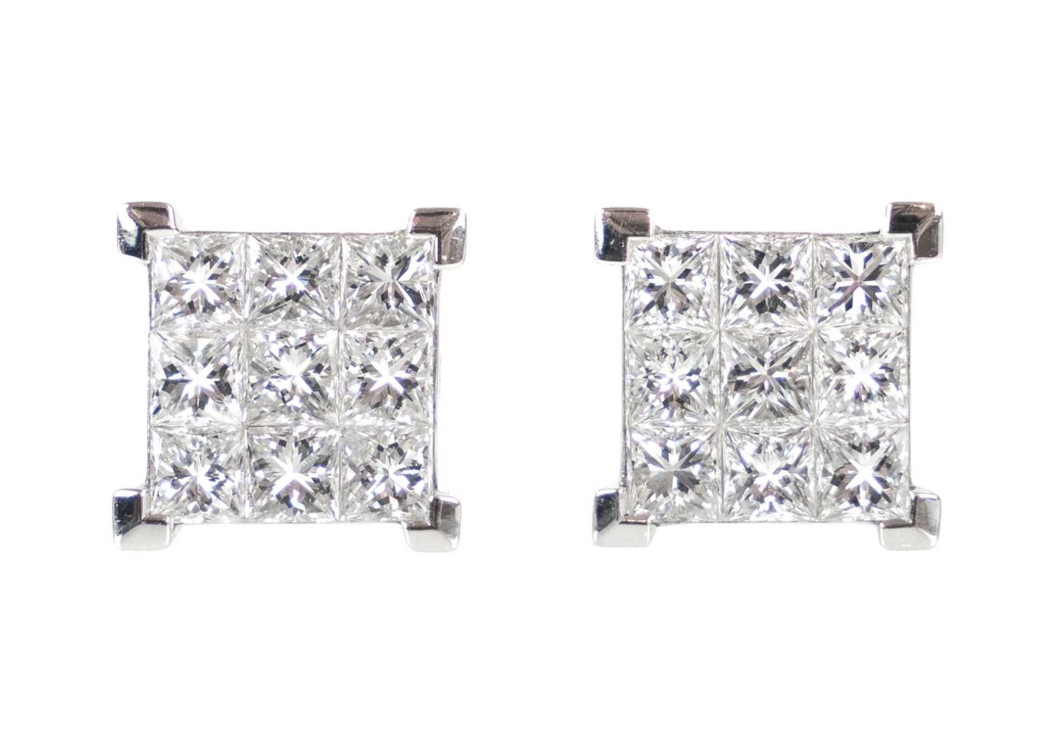 Lot 251 - An 18ct white gold pair of certified princess cut diamond square stud earrings.