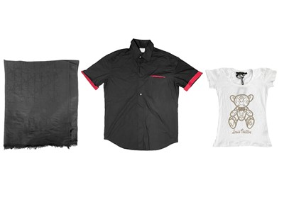 Lot 389 - A Christian Dior black shawl, a Louis Vuitton white Farfetch T-Shirt, and a Versace black shirt.