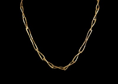 Lot 259 - A 9ct Modernist twist rectangular open-link textured long necklace.
