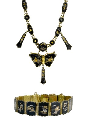 Lot 1085 - A Japanese Shakudo damascene necklace and similar bracelet, early 20th century.