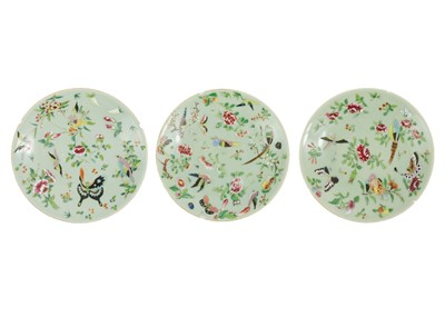 Lot 373 - Three Chinese Canton celadon plates, 19th century.