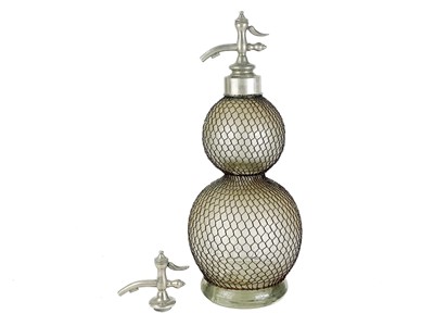 Lot 361 - A large early 20th century glass double gourd soda siphon with wire mesh surround.