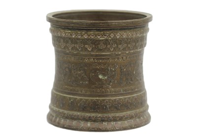 Lot 1038 - A Chinese bronze and silver overlaid brush pot, Qing Dynasty, 18th century.