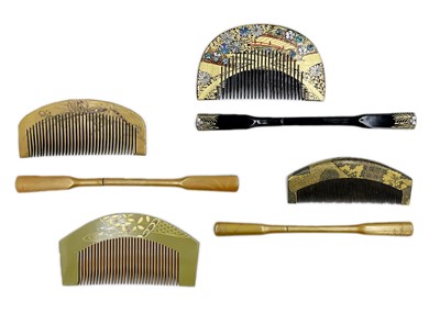 Lot 385 - Four Japanese gilt lacquer and metal combs and three kogai.