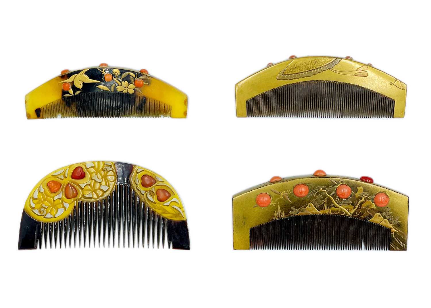 Lot 389 - A Japanese gold lacquer and coral comb, Edo period.