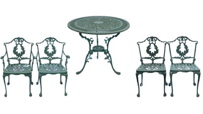 Lot 518 - A green painted metal bistro set.