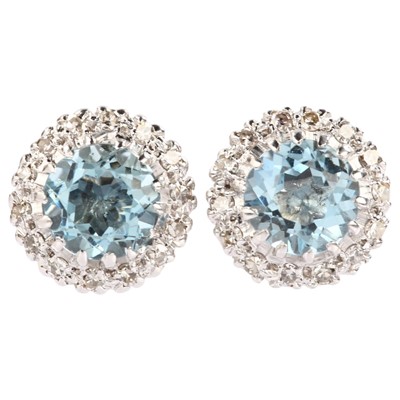 Lot 149 - A pair of 18ct white gold (tested) aquamarine and diamond cluster stud earrings.