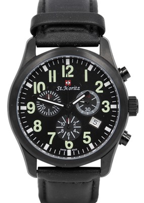 Lot 102 - ST. MORITZ - A Swiss military style black metal-cased gentleman's quartz chronograph wristwatch.