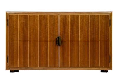 Lot 39 - A mid century walnut and boxwood strung wall cabinet.