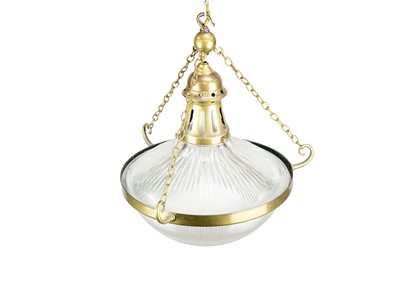 Lot 91 - A set of three early 20th century Holophane Blondel Stiletto Bowl light pendants.