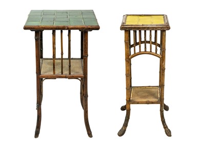 Lot 595 - An Edwardian square bamboo two tier occasional table with ceramic tiled top.