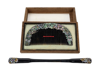 Lot 438 - Six Japanese cased comb and kogai sets.