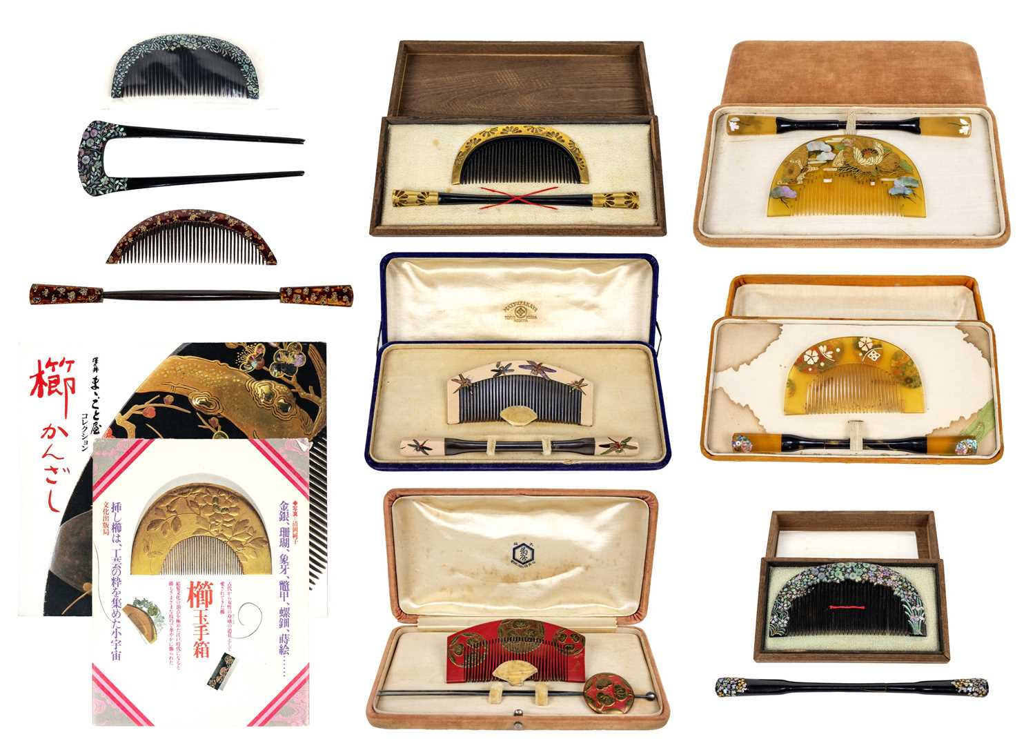 Lot 438 - Six Japanese cased comb and kogai sets.