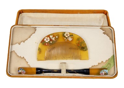 Lot 438 - Six Japanese cased comb and kogai sets.