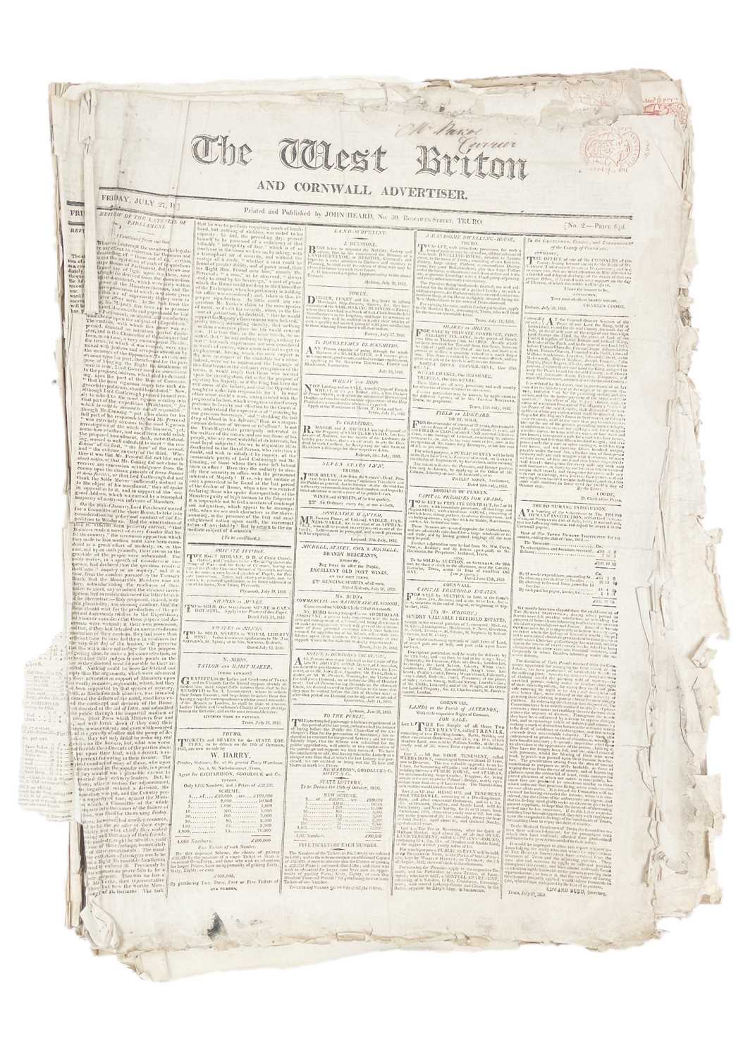 Lot 137 - 'The West Briton and Cornwall Advertiser,'