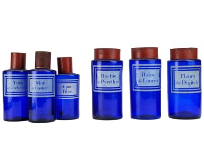 Lot 1201 - Six blue glass apothecary jars.