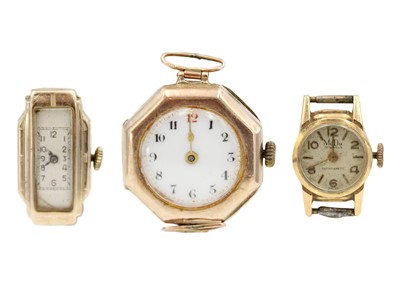 Lot 232 - Two 9ct cased lady's manual wind wristwatches and an 18ct cased MuDu Lady's wristwatch.