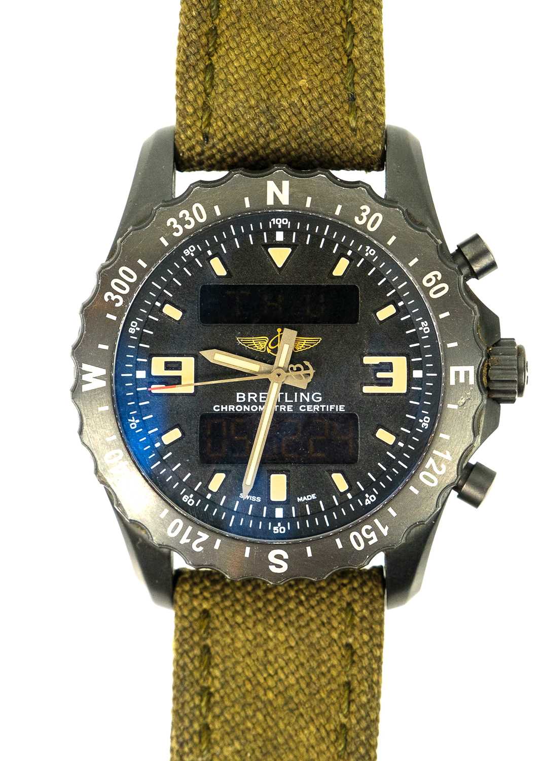Lot 197 - BREITLING - A Chronospace military blackened steel-cased analogue/digital gentleman's wristwatch.