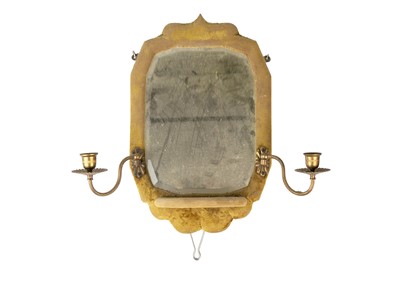 Lot 167 - A Victorian velvet framed bevelled edge wall mirror with integral shelf and pair of candle sconces.
