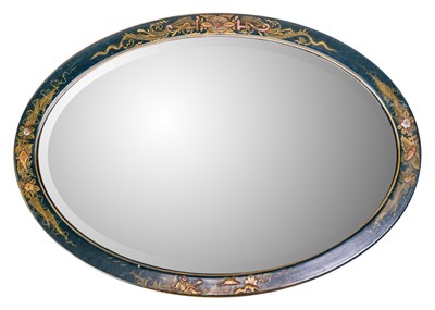 Lot 66 - An early 20th century Chinoiserie lacquered oval mirror.