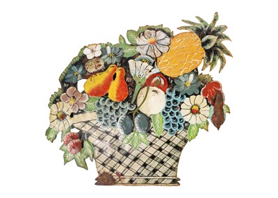 Lot 1167 - A French painted iron plaque of fruits in a basket.