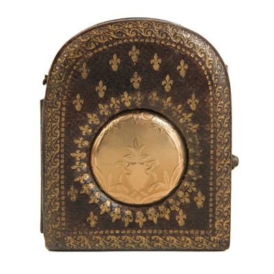Lot 39 - An Elgin 14ct full hunter crown wind fob pocket watch, within a gilt tooled leather travel case.