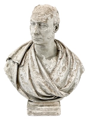 Lot 233 - A 19th century weathered plaster bust of a gentleman wearing classical robes.