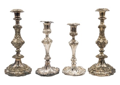 Lot 261 - Two pairs of silver plated Rococo style candlesticks.