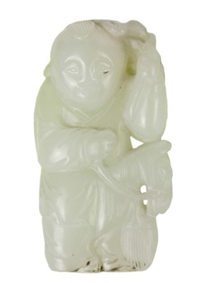 Lot 523 - A Chinese celadon jade figure of a boy with hobby horse, Qing Dynasty, 19th century.