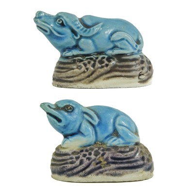 Lot 513 - Two Chinese turquoise glazed pottery figures, Qing Dynasty.