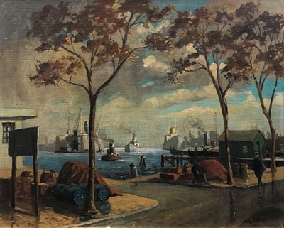 Lot 637 - Hugh E. RIDGE (1899-1976) Thames Dock Scene...