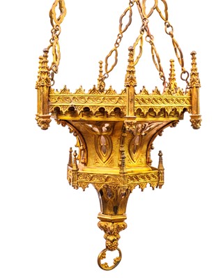 Lot 72 - A 19th century Gothic revival gilt metal hexagonal hall lantern.