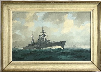 Lot 639 - Hugh E. RIDGE (1899-1976) 'HMS Royal Oak' Oil...