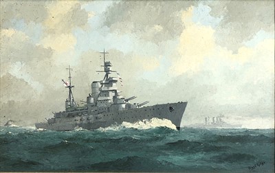 Lot 639 - Hugh E. RIDGE (1899-1976) 'HMS Royal Oak' Oil...