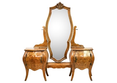 Lot 615 - A Louis XV style figured walnut and inlaid dressing table.