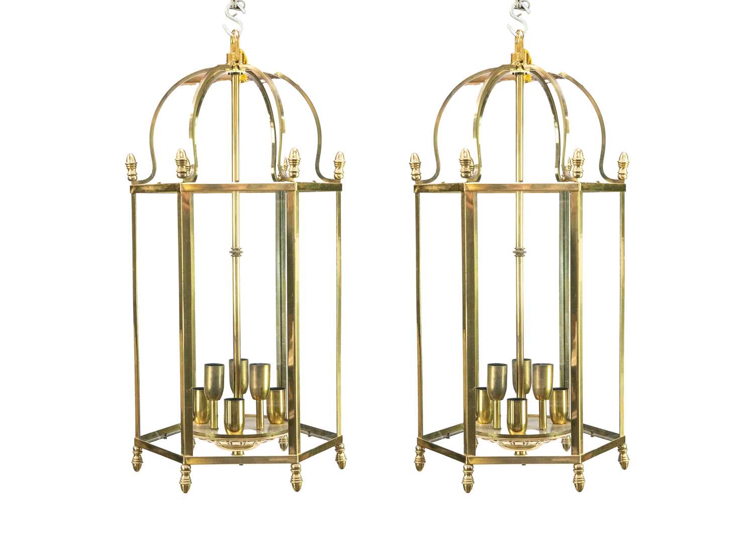 Lot 74 - A pair of glazed brass hexagonal hall lanterns.