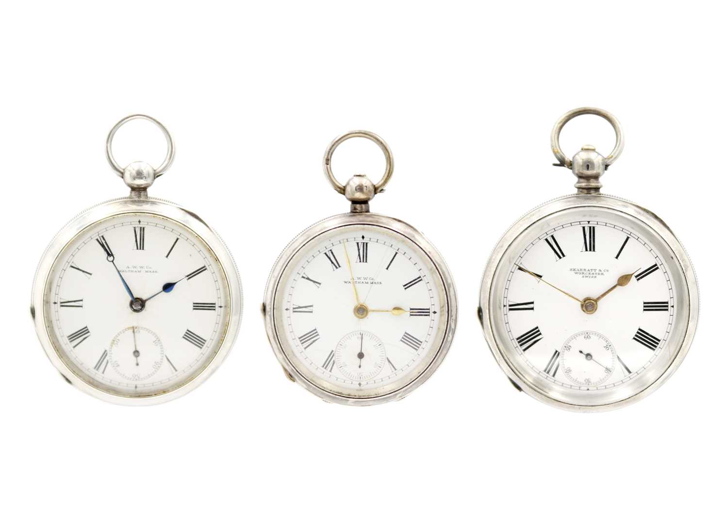Lot 207 - Two silver Waltham key wind lever pocket watches, and one other.