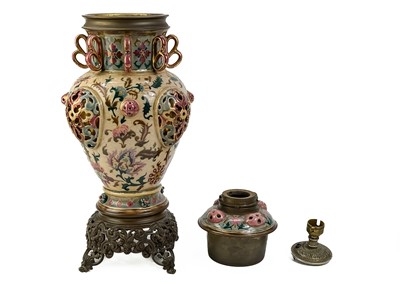 Lot 484 - Zsolnay Pecs (attributed), a Hungarian porcelain oil lamp base.